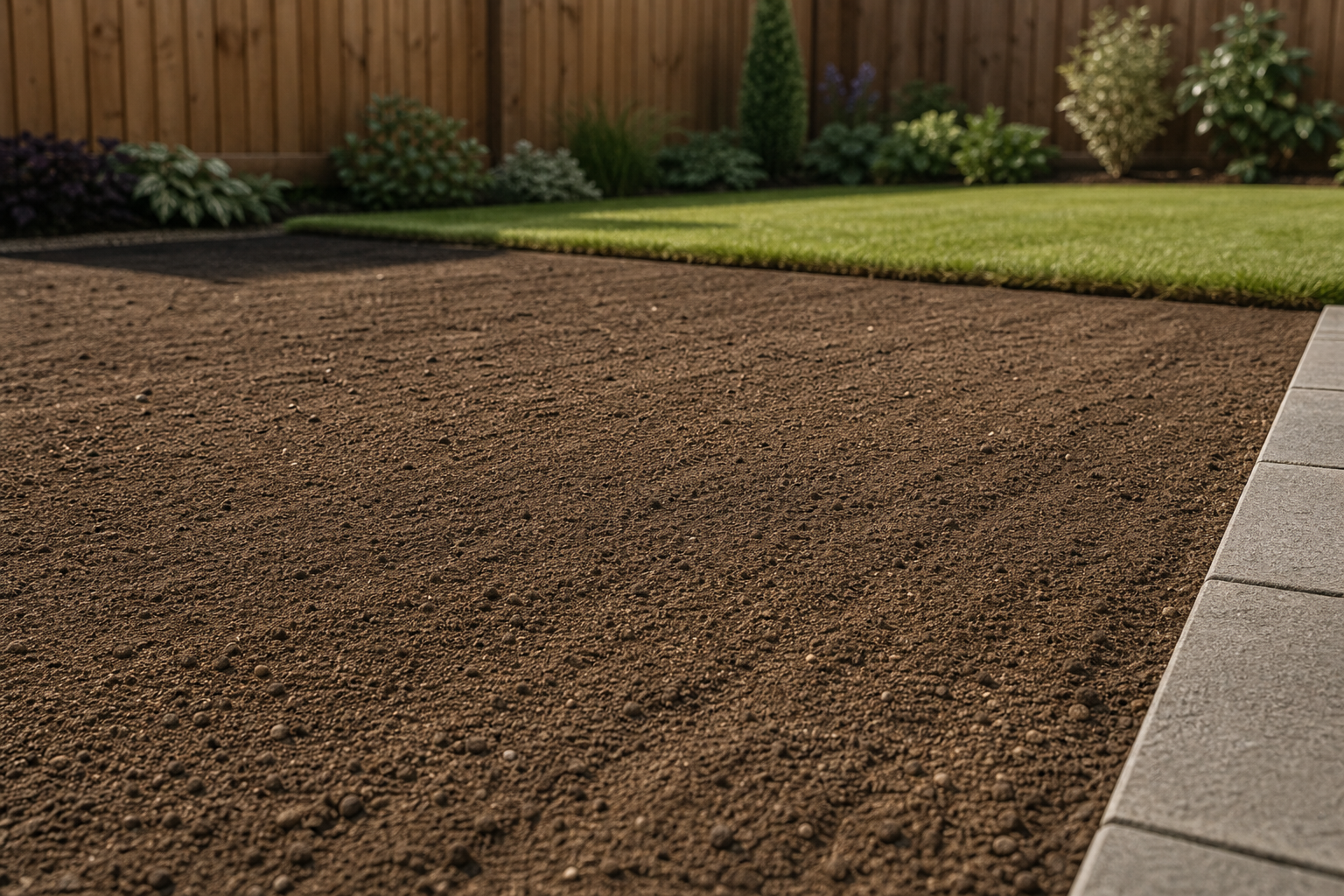 Freshly raked soil in a garden, bordered by green lawn and a wooden fence in the background.