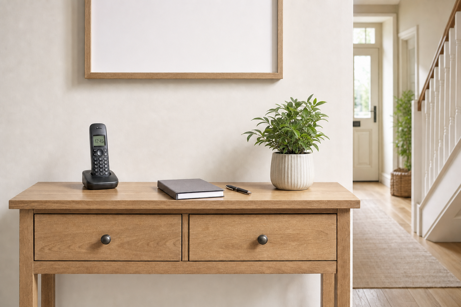 Wooden table with a cordless phone, notebook, pen, and potted plant, in a bright hallway beside a staircase.
