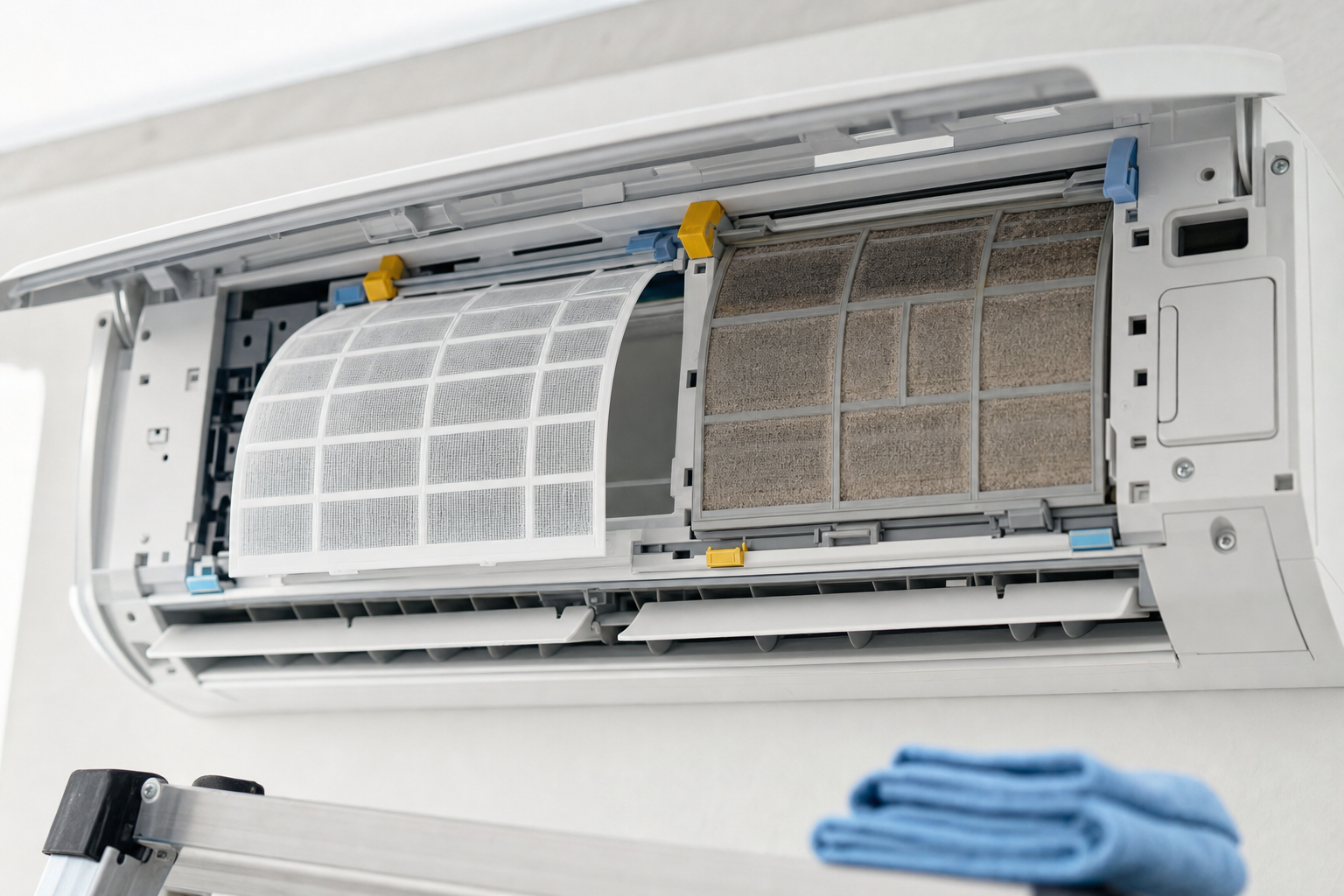 An open air conditioning unit with visible dirty and clean filters, alongside a folded cleaning cloth.