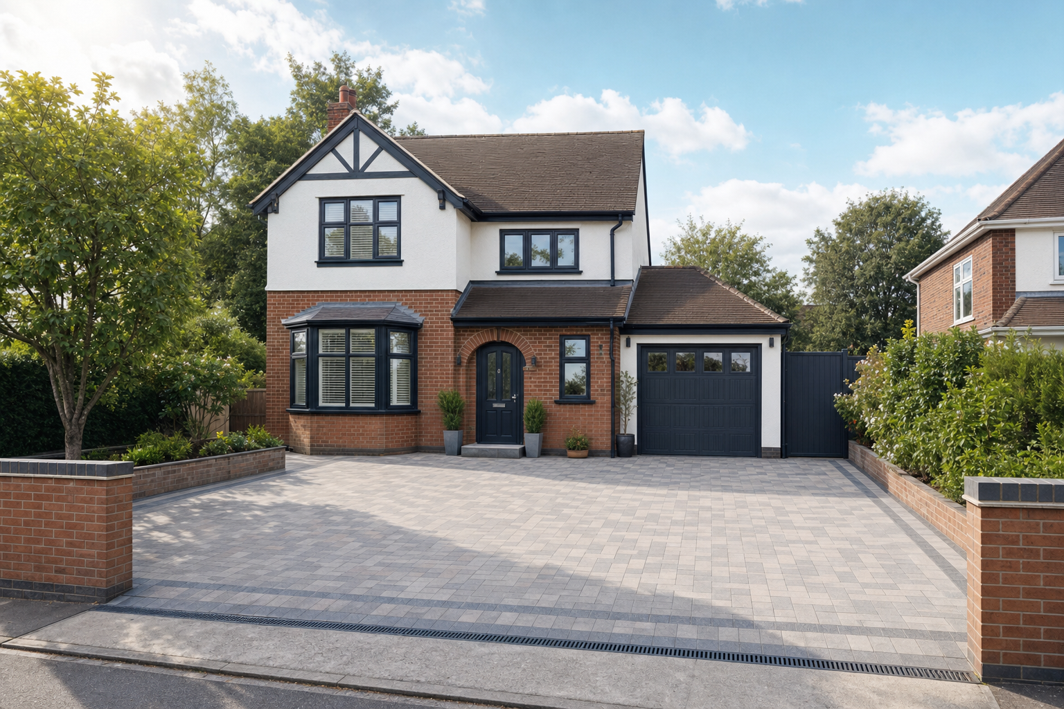 A contemporary detached house with a large driveway, brick exterior, and a landscaped front garden under a blue sky.