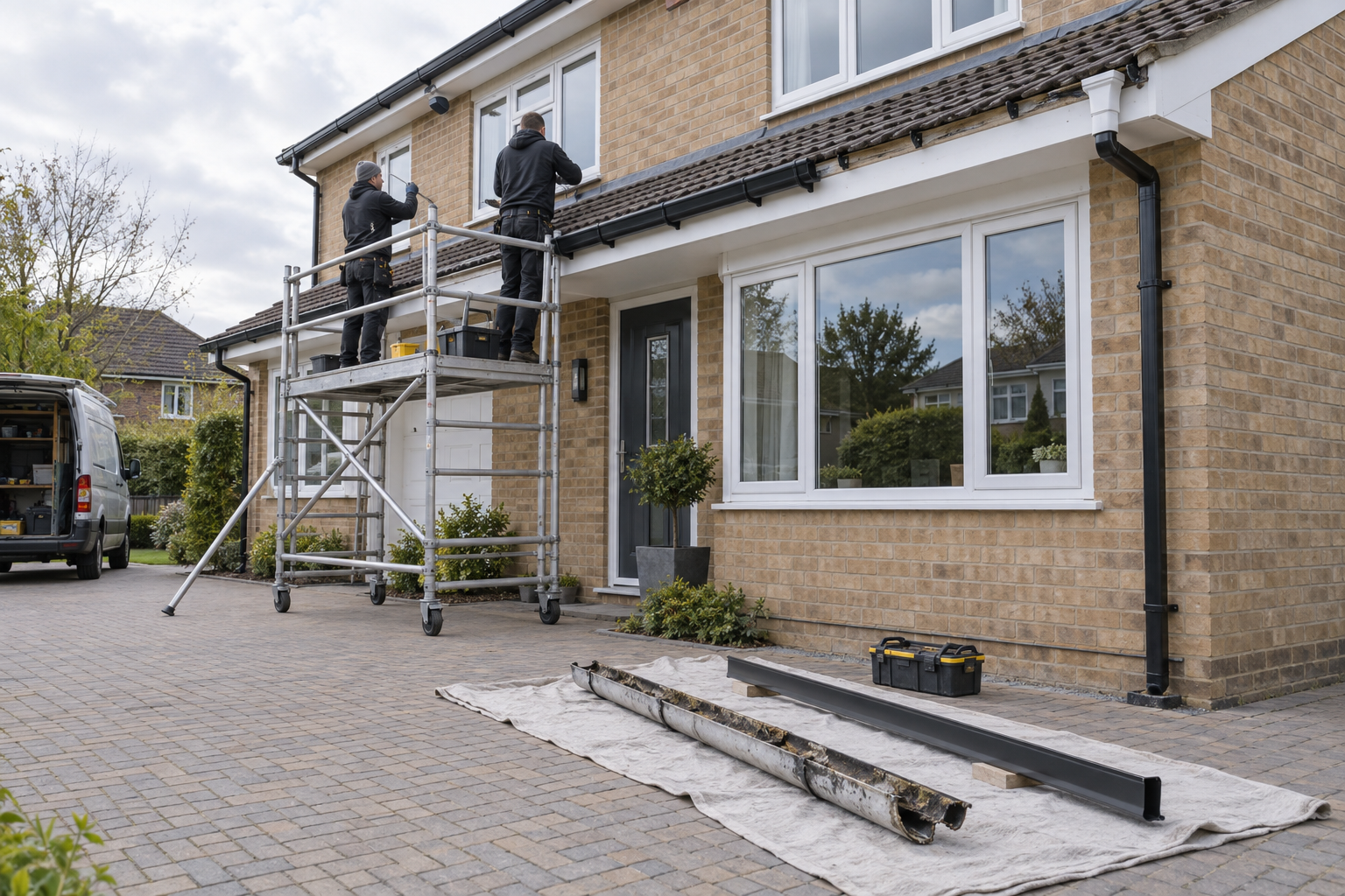 Two workers on scaffolding repair gutters on a brick house while a van and tools are nearby.