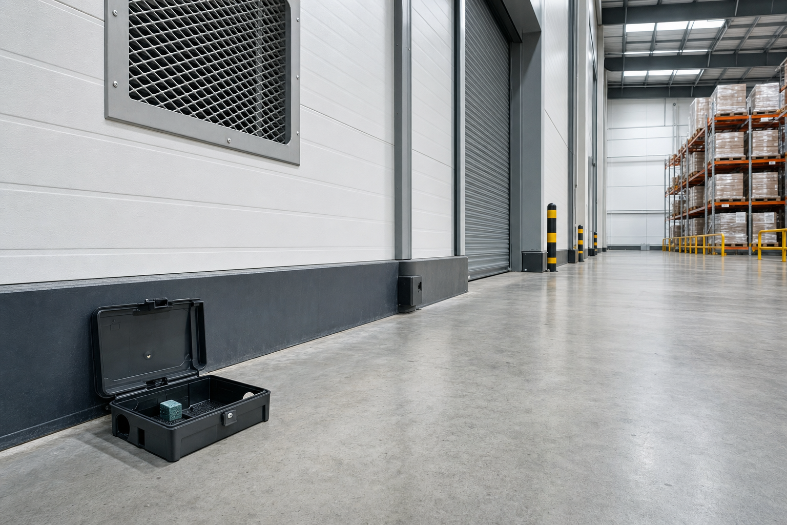 A black plastic case lies open on the floor of an industrial warehouse near a vented wall and loading bay doors.