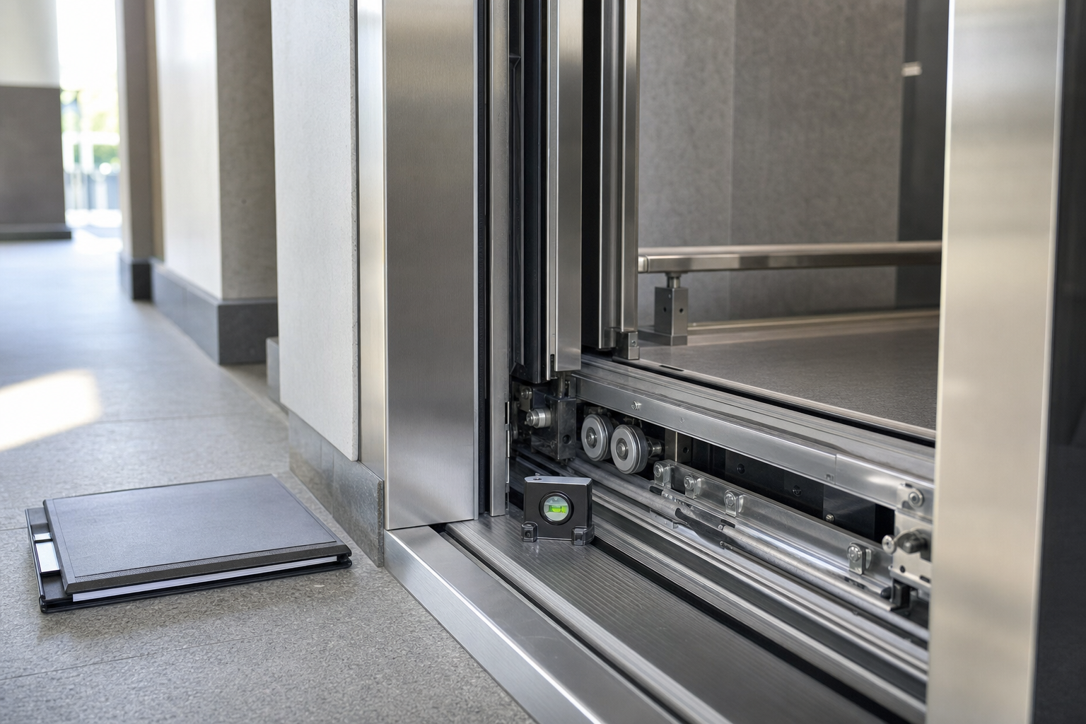 An open lift door reveals the mechanical details of its interior, with a spirit level on the floor beside it.