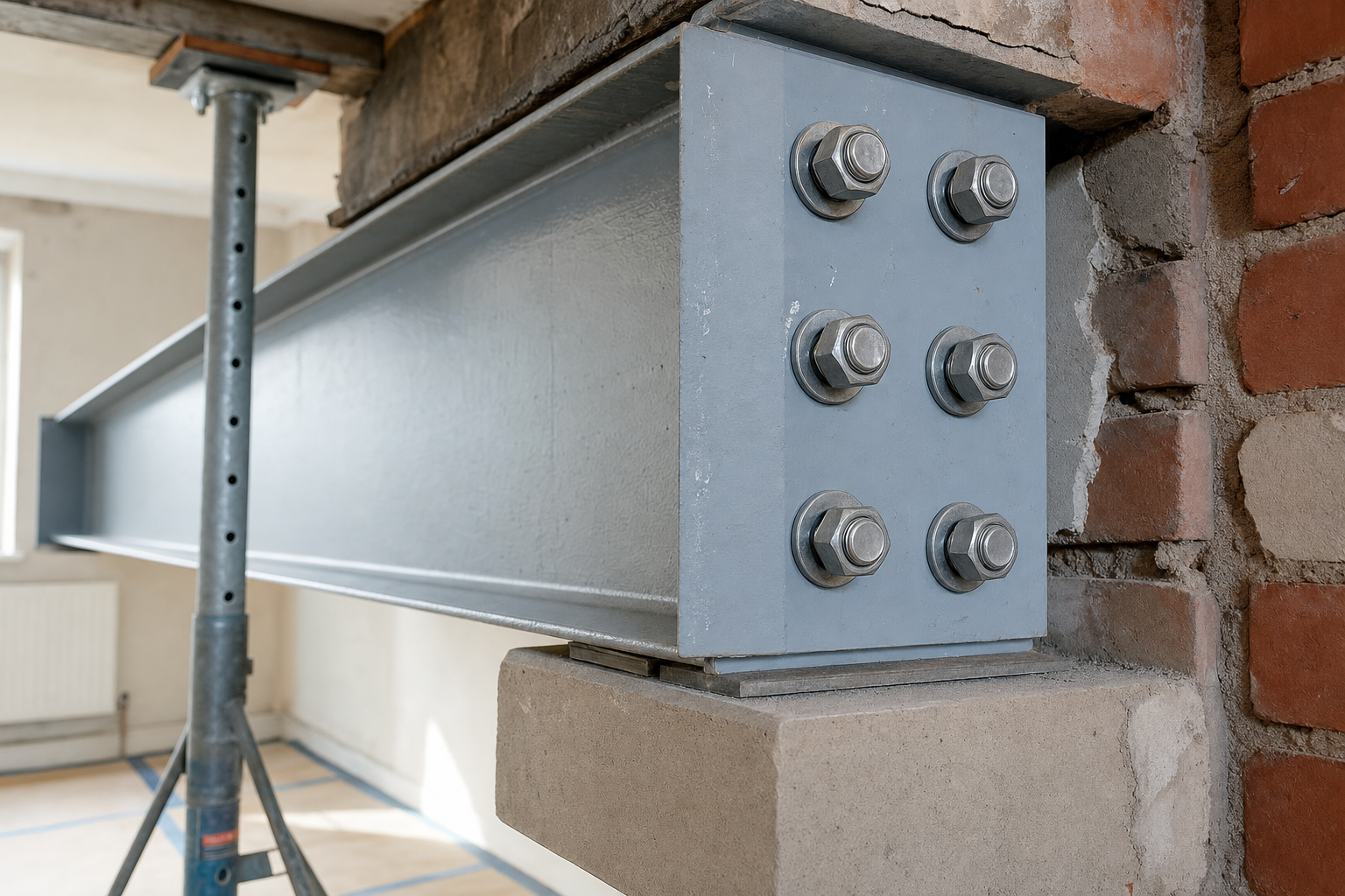 Steel I-beam secured with bolts during construction renovation work.