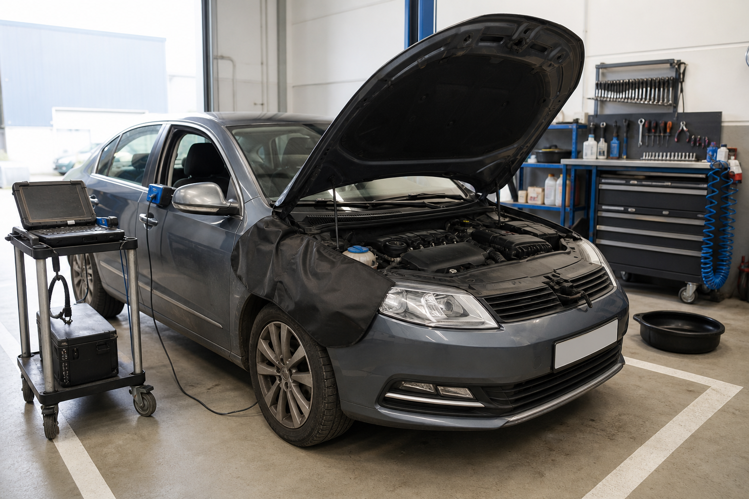 Car in a garage undergoing diagnostic testing with its hood open.