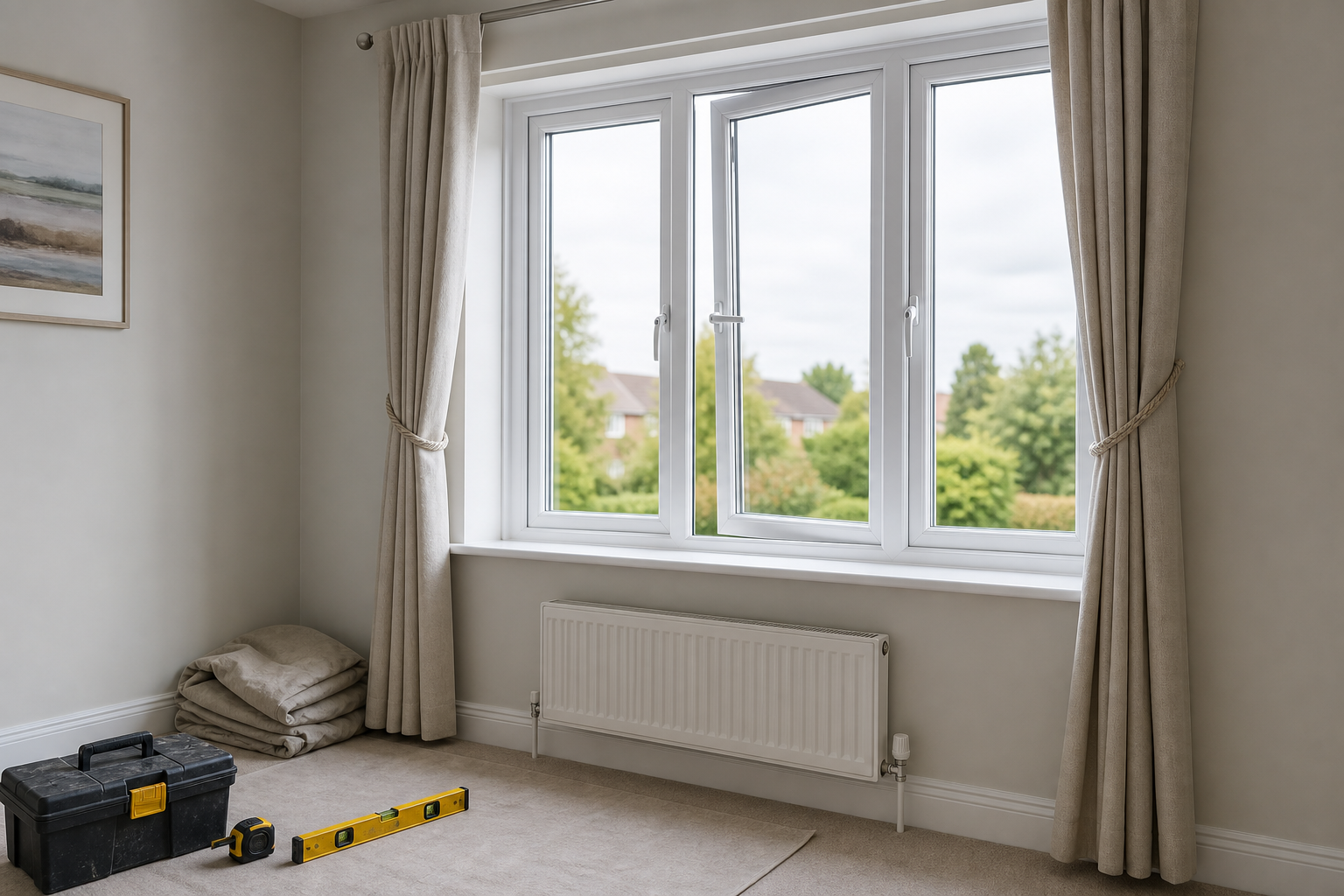 Bright room with a large window, beige curtains, and a black toolbox next to a tape measure and level on the floor.