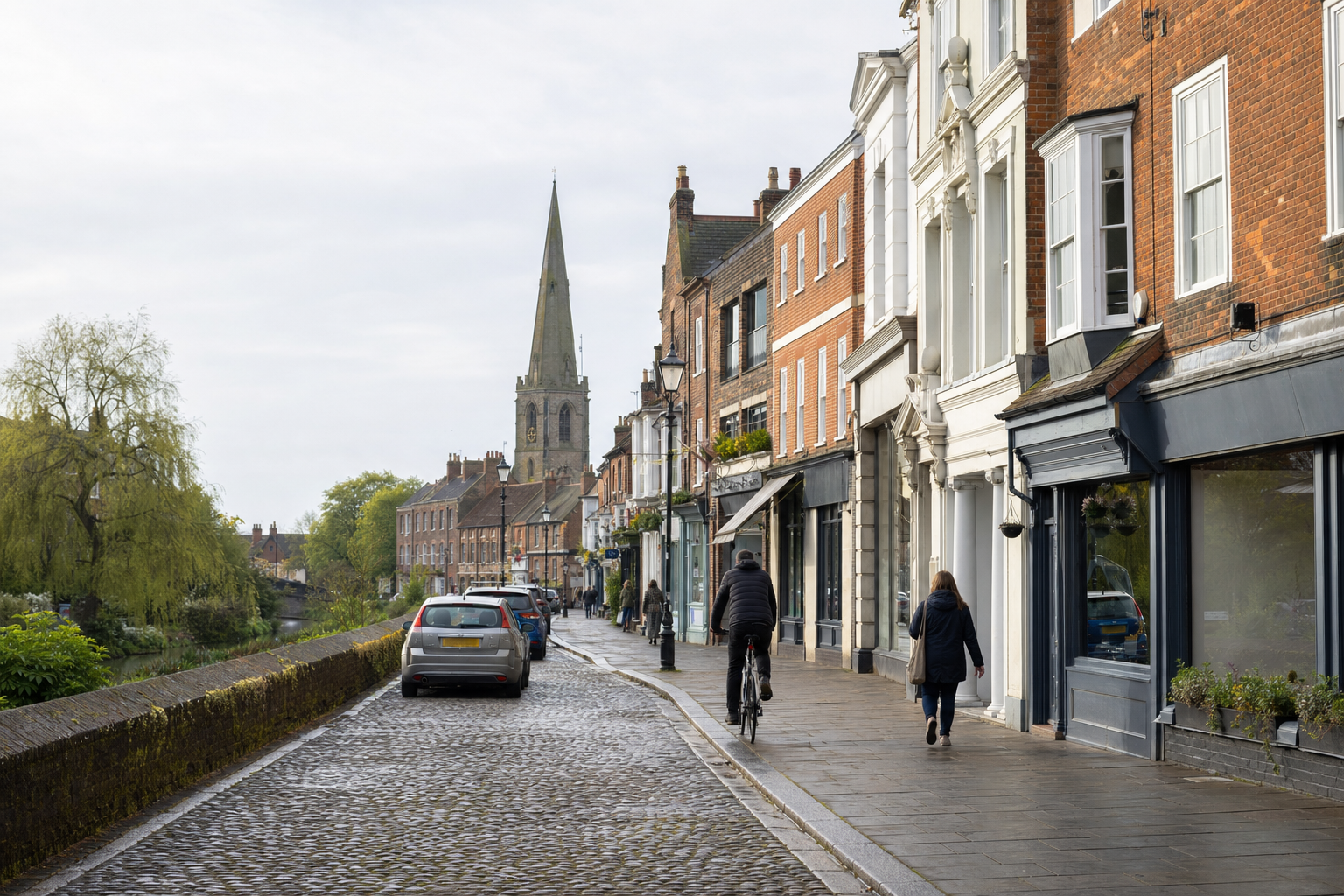 A street scene featuring a cyclist, pedestrians, and parked cars with a church spire in the background on a cloudy day.
