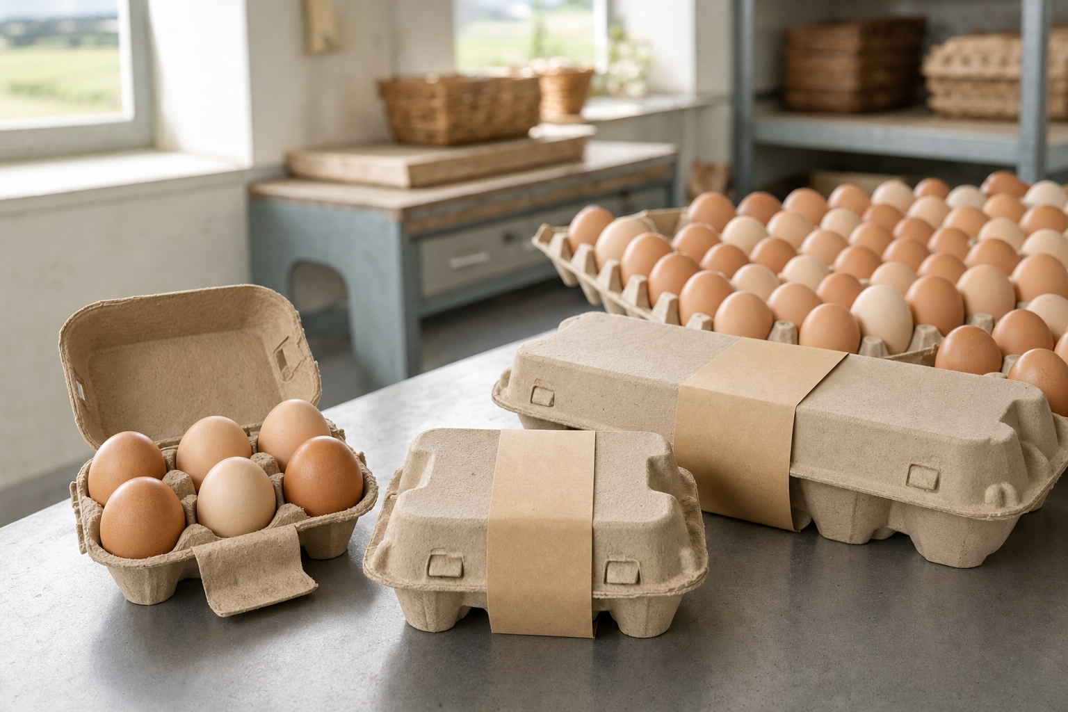 Cartons of fresh brown eggs on a kitchen counter with light streaming through a window.