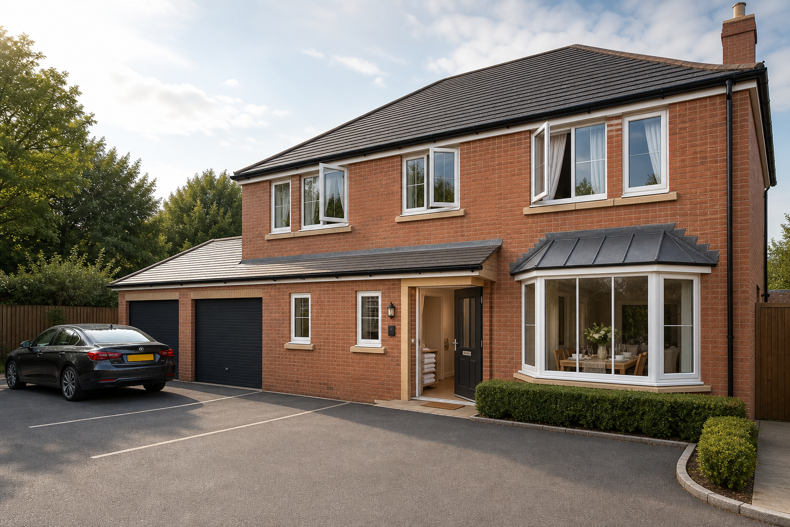 Modern red-brick detached house with a black car parked in front, featuring a large bay window and double garage.