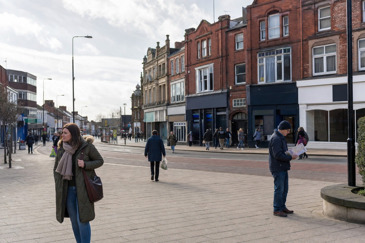 People walking along a busy street lined with old brick buildings on a cloudy day.