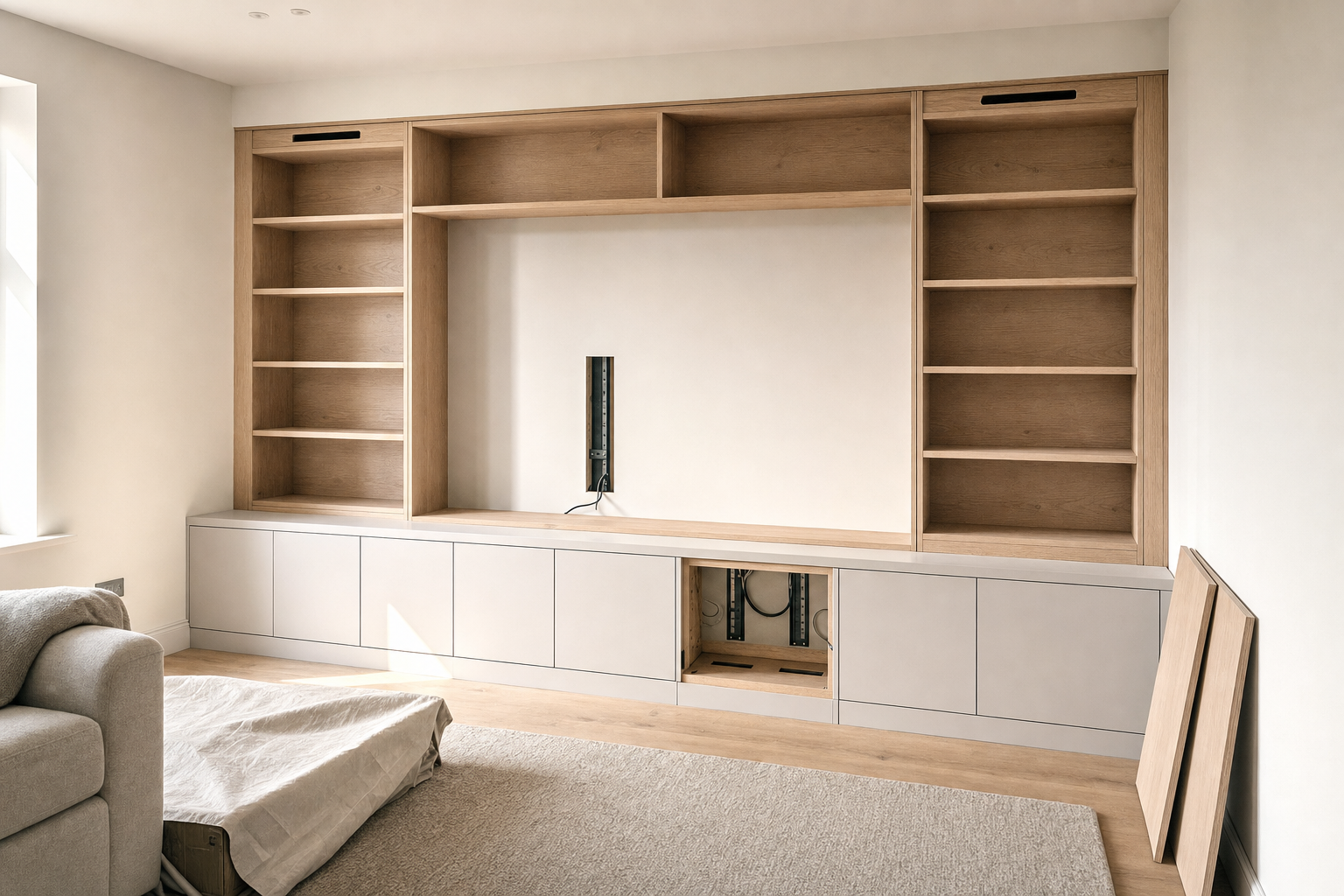 Modern living room featuring custom built-in wooden wall shelving and entertainment unit.