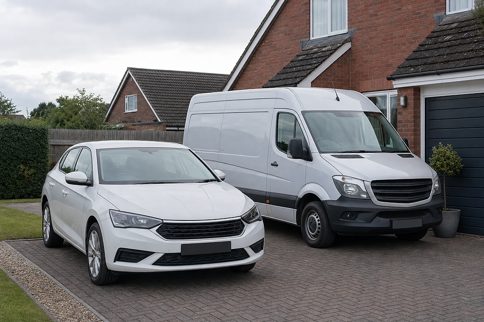 White car and grey van parked on a brick driveway in front of a suburban house.
