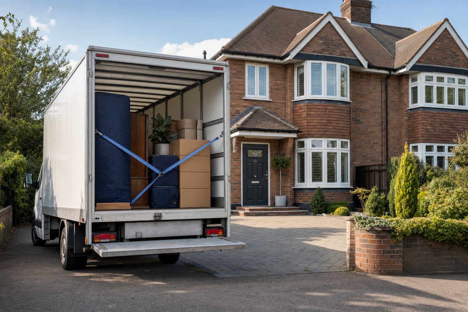 A moving van packed with furniture and boxes is parked outside a brick house.