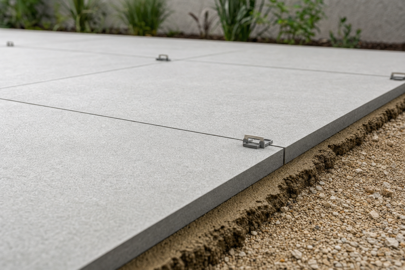 Grey paving slabs being installed on a gravel base with metal clips.