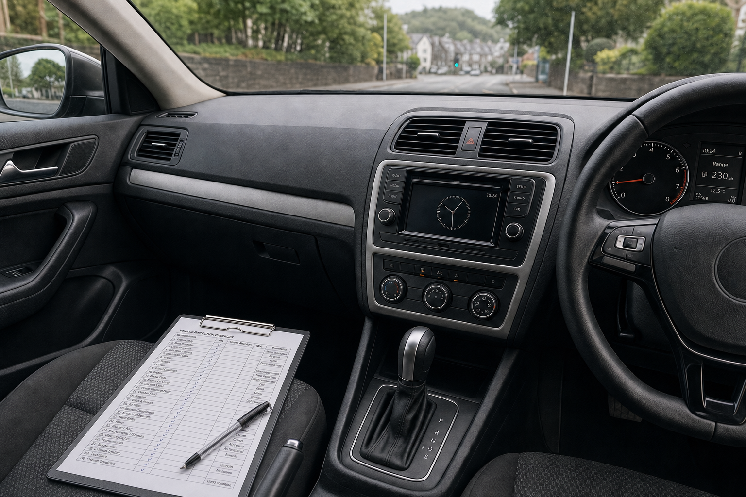 Car interior showcasing a vehicle inspection checklist on the passenger seat, digital dashboard, and steering wheel.