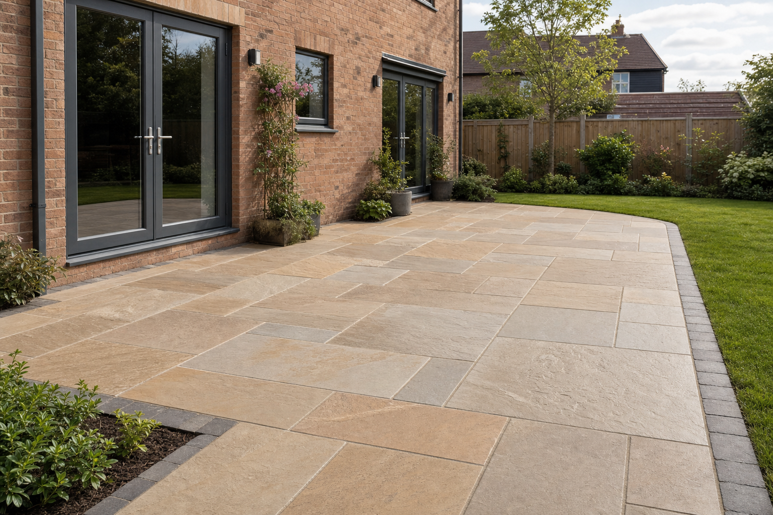 A neatly arranged patio with large stone tiles adjoins a brick house with glass doors, surrounded by a manicured garden.