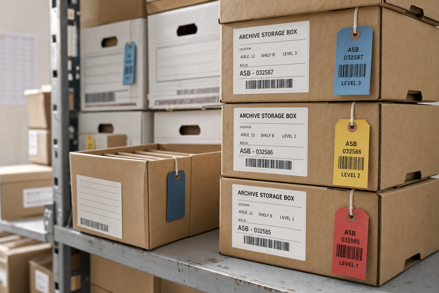 Cardboard archive boxes with labelled tags are neatly stacked on metal shelves.