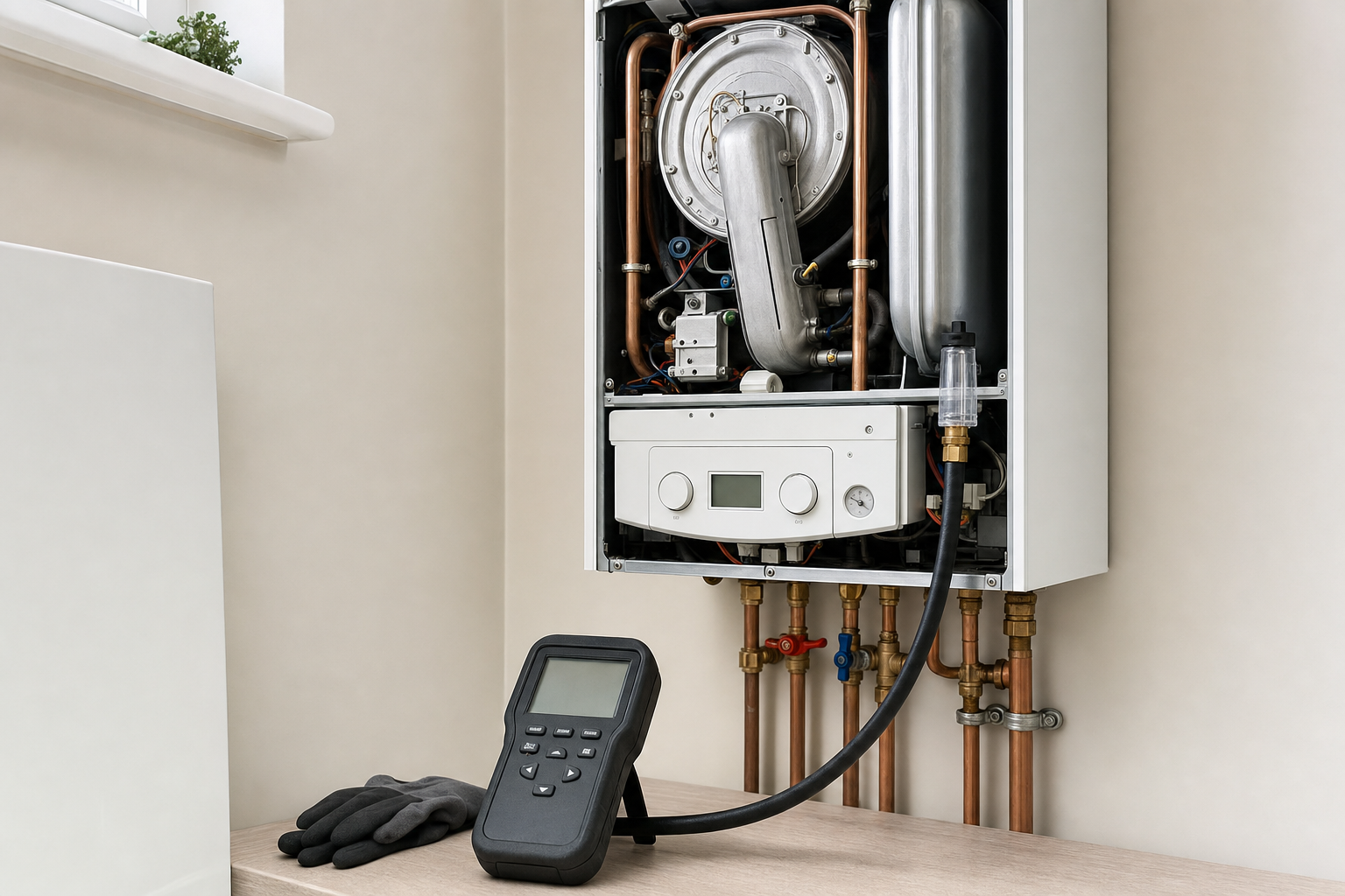 Gas boiler maintenance with an open panel showing internal components and diagnostic tool.