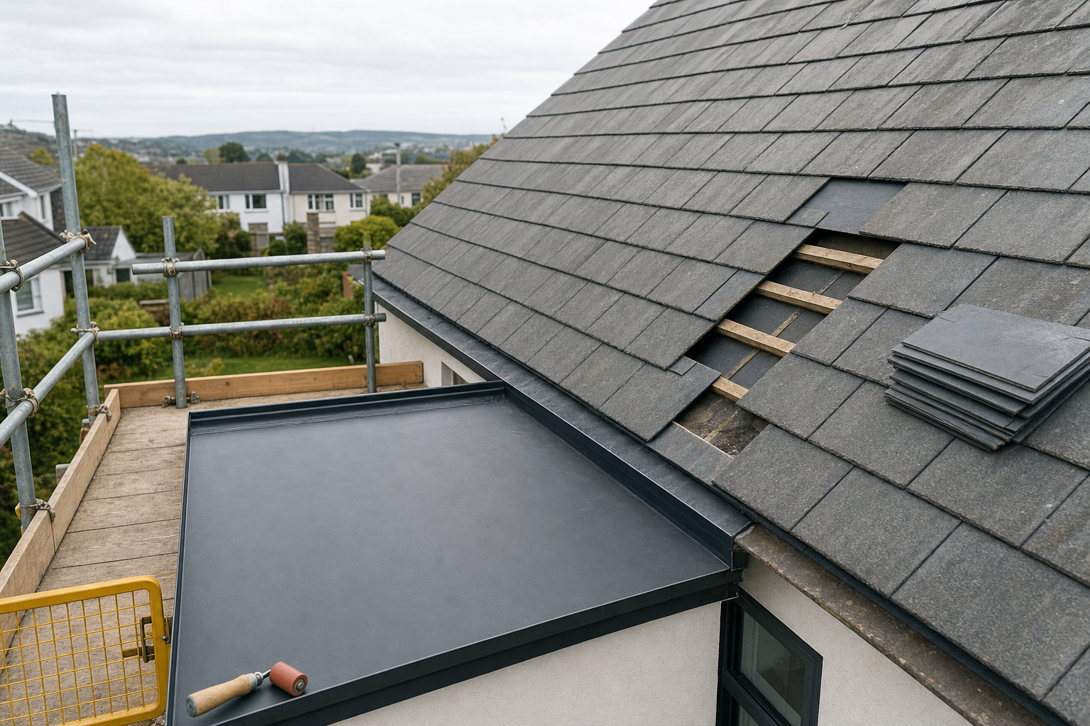 A partially tiled roof under construction next to a flat-roofed extension, with stacks of tiles and a tool nearby.