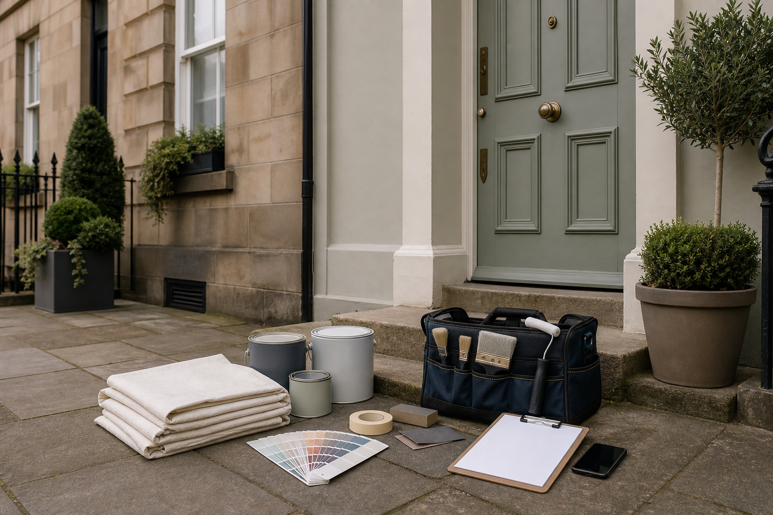 Painting supplies arranged outside a house with a green door and potted plants.