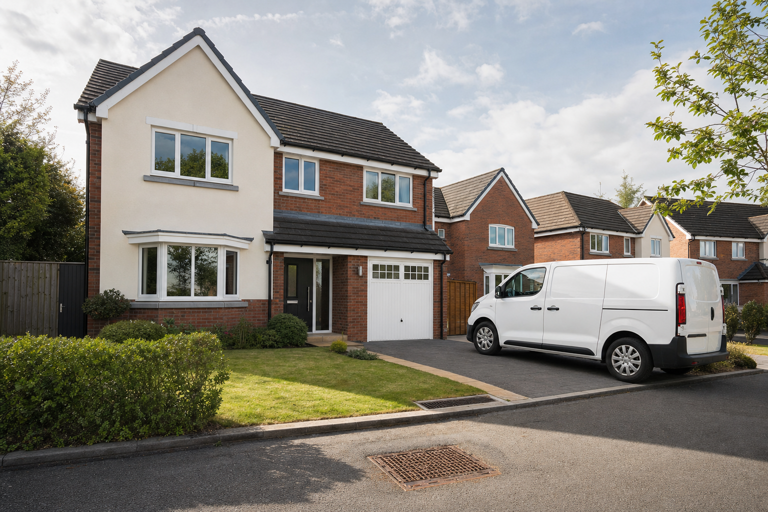 Modern detached house with a white van parked in the driveway on a sunny day.