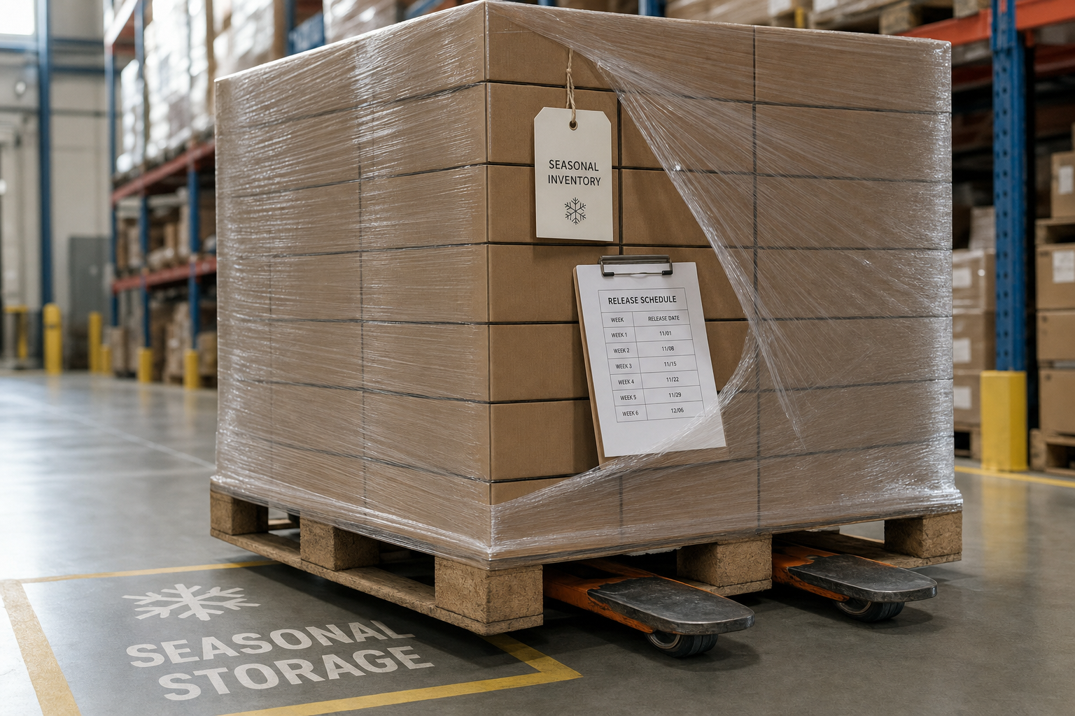 A pallet of seasonal inventory in a warehouse has a release schedule clipboard attached, ready for distribution.