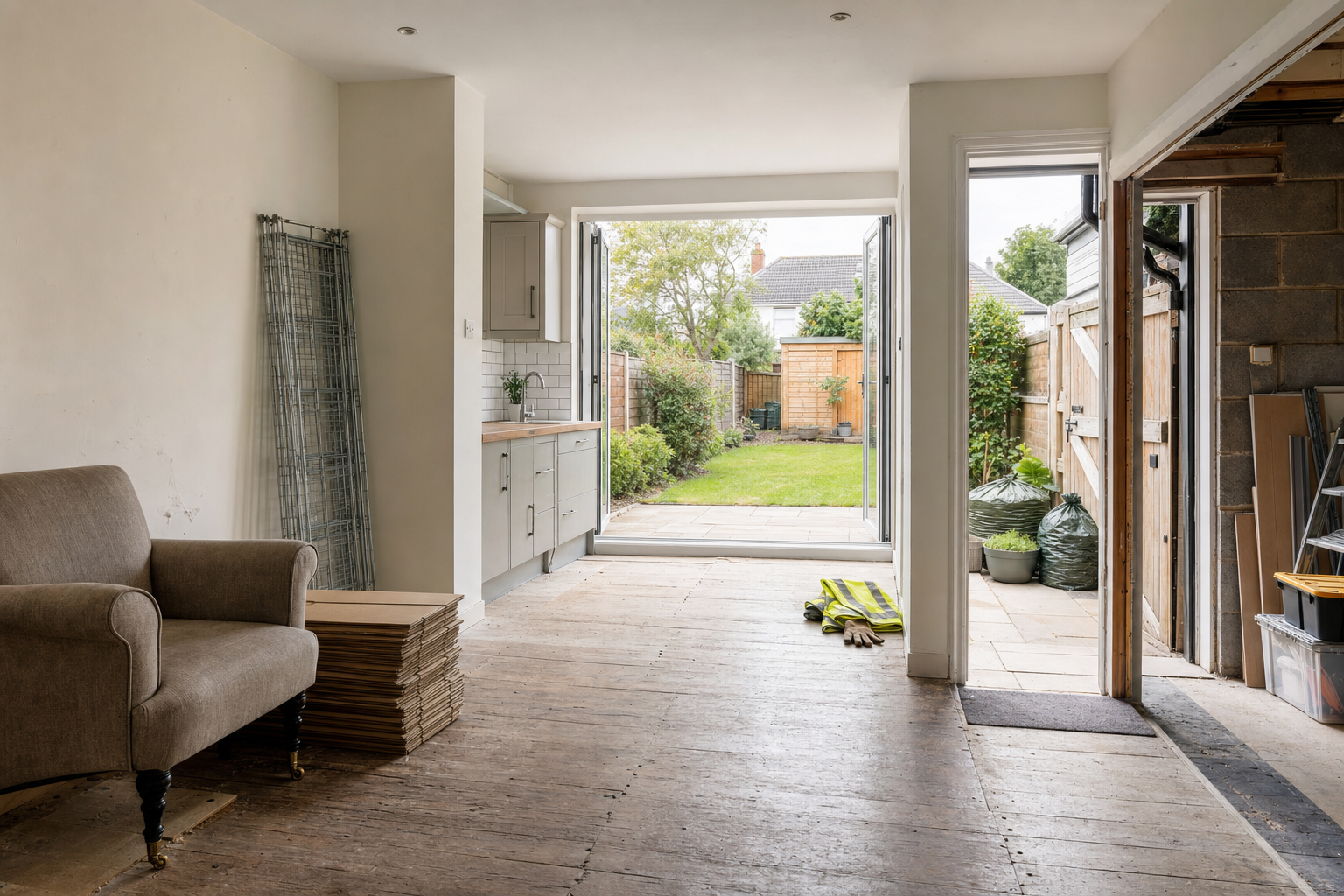 Unfinished house interior with open bifold doors leading to a garden.