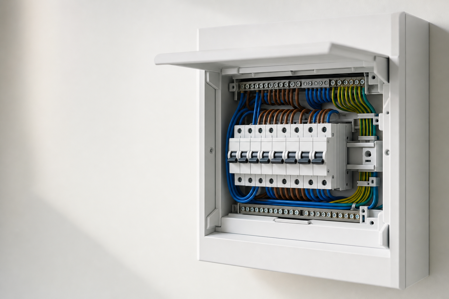 An open electrical panel with visible circuit breakers and colour-coded wiring.