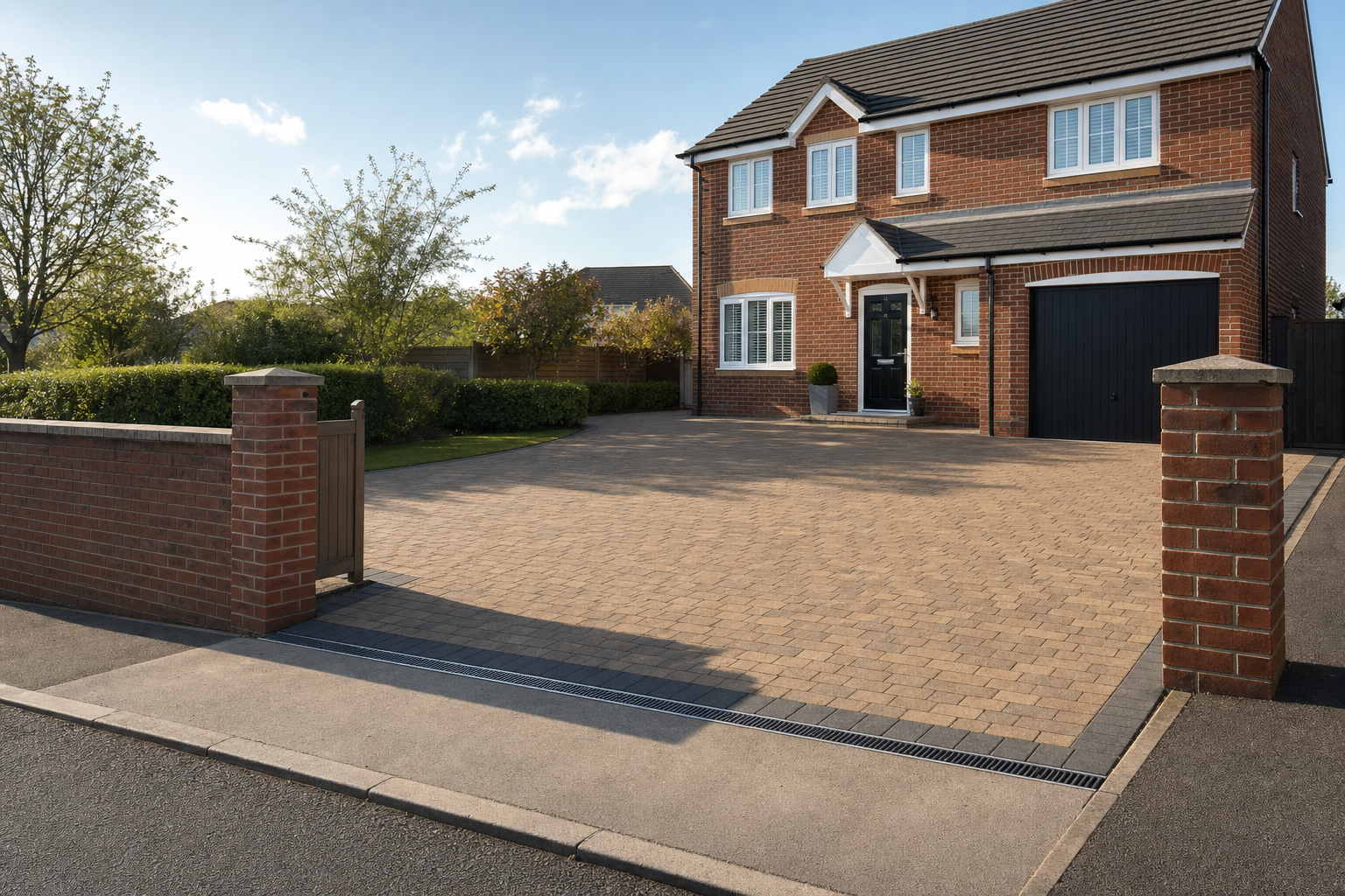 A brick house with a black door and garage is fronted by a wide, paved driveway.