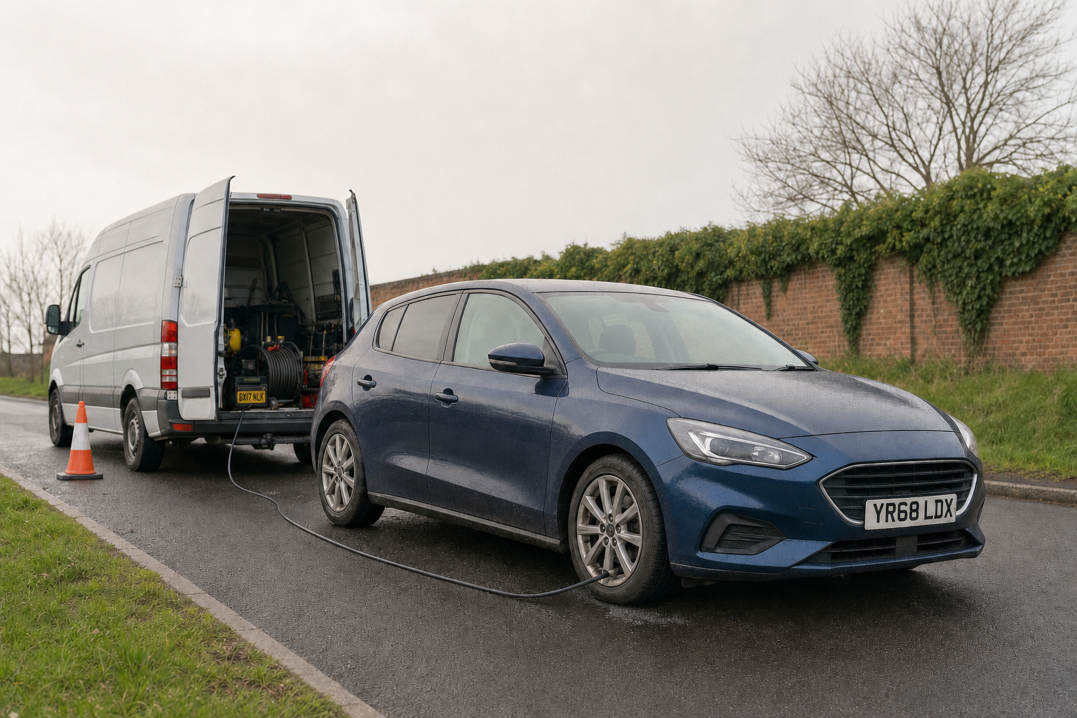 Blue car being washed by equipment from a white van parked on a roadside.