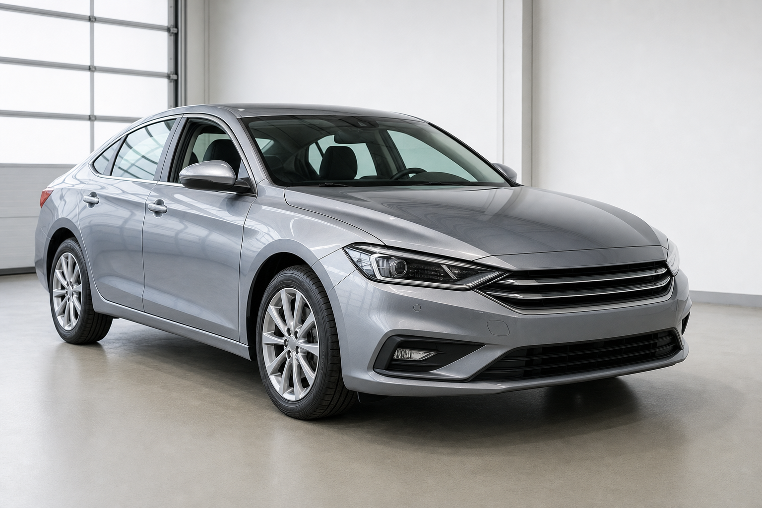 Silver sedan car parked indoors on a smooth concrete floor.