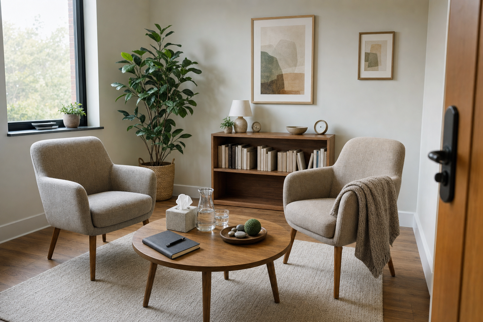 A cosy, minimalist living room with two armchairs, a coffee table, and a bookshelf, accented by plants and abstract artwork.