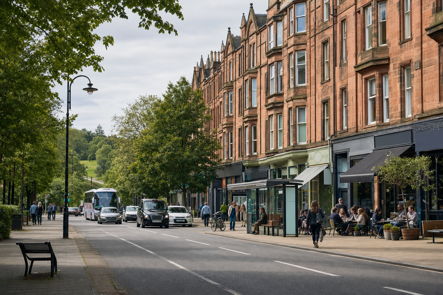 A bustling street lined with red-brick buildings and shops, with people walking and sitting at outdoor cafe tables.