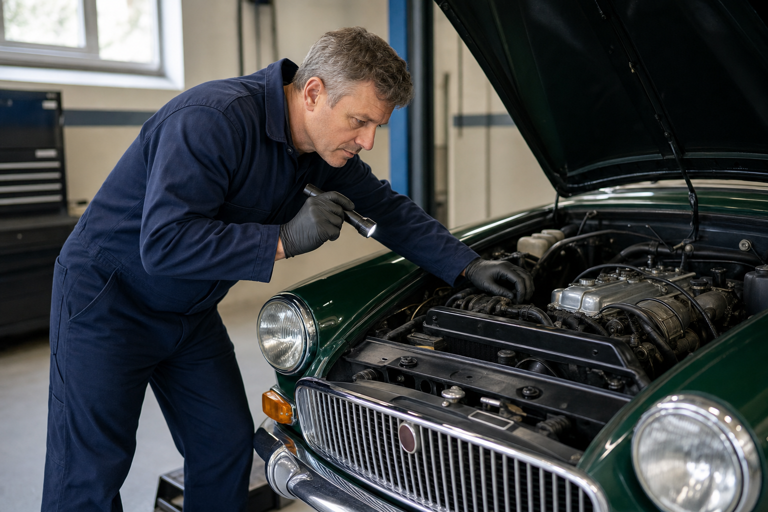 Mechanic inspecting a classic car engine in a garage, using a flashlight and wearing a blue overall and gloves.