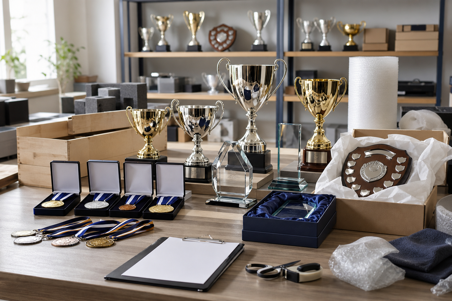 Trophies, medals, and plaques displayed on a wooden table in an organized workspace.
