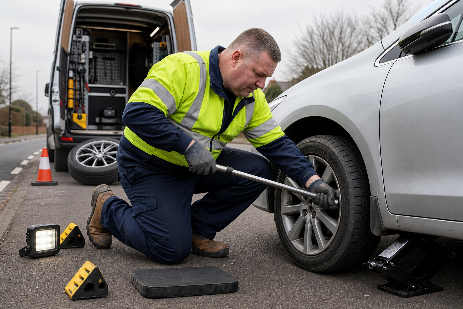 Mechanic changes a car tire on the roadside using a wrench.