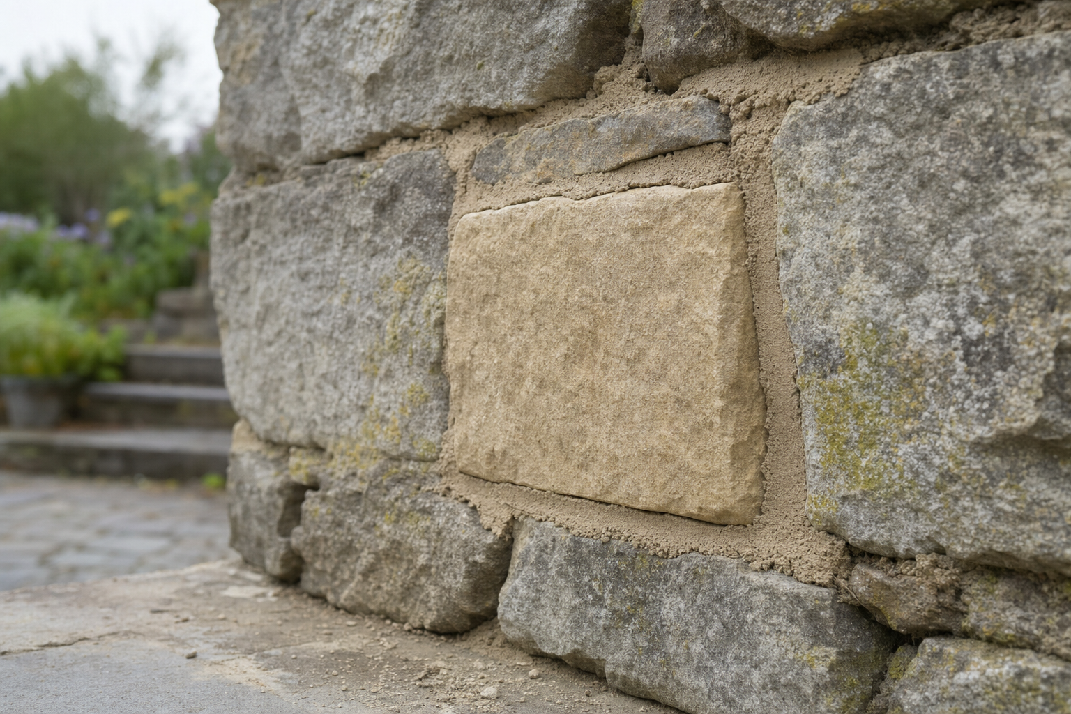 Close-up of a stone wall with a newly replaced light-coloured stone, surrounded by mossy grey stones in a garden setting.