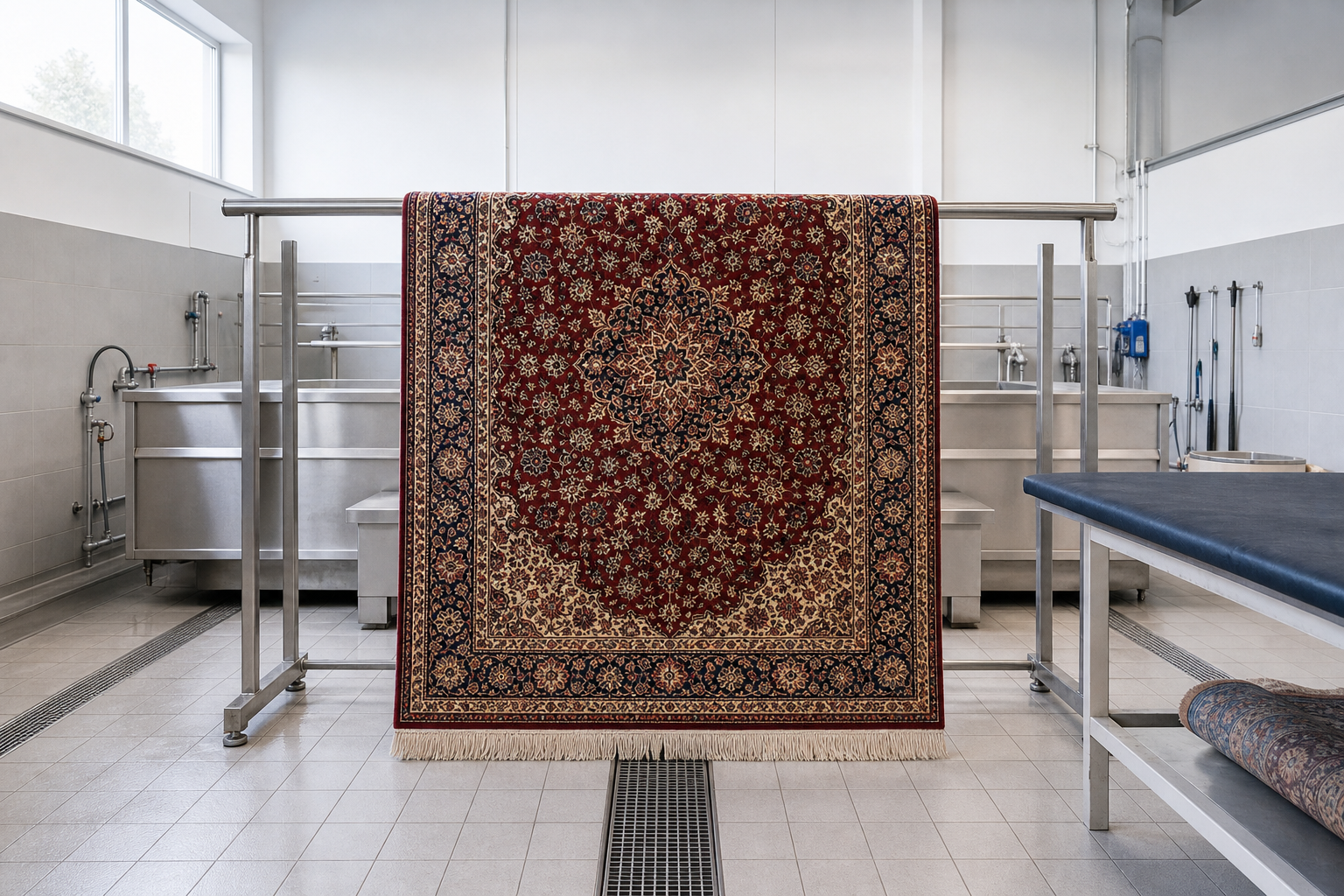 Intricately patterned red carpet hangs in a modern carpet cleaning facility with stainless steel equipment.