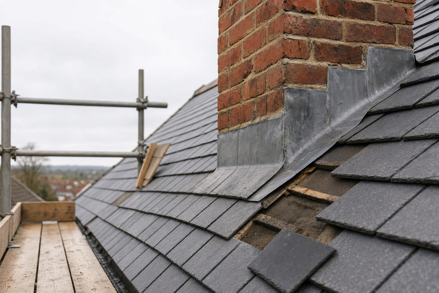 A close-up of a roof under construction with slate tiles, a brick chimney, and visible scaffolding.
