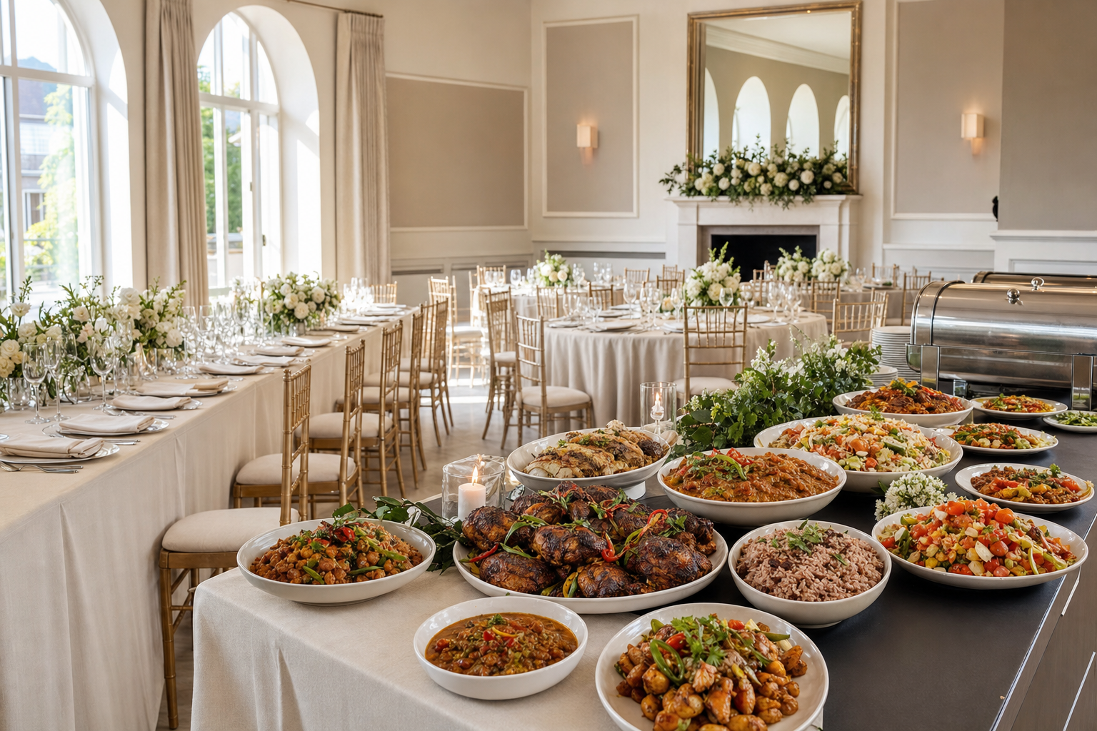 Elegant banquet hall set for an event, featuring an abundant buffet display and beautifully arranged tables with floral centrepieces.