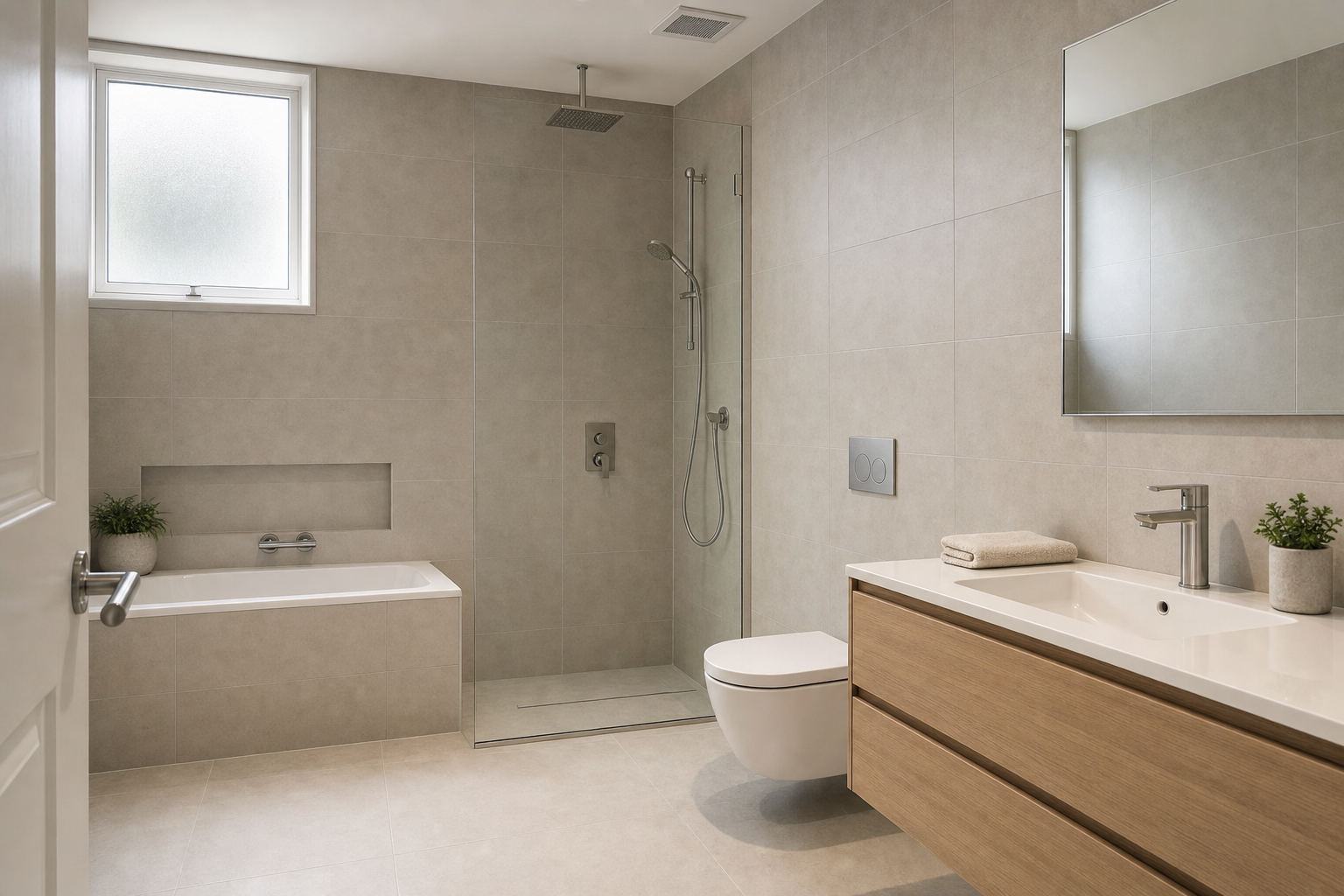 Modern bathroom with a walk-in shower, bathtub, wall-mounted toilet, and wooden vanity under a large mirror.