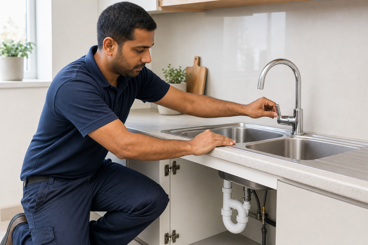 Plumber in blue uniform checking a kitchen tap's operation beside a dual sink.