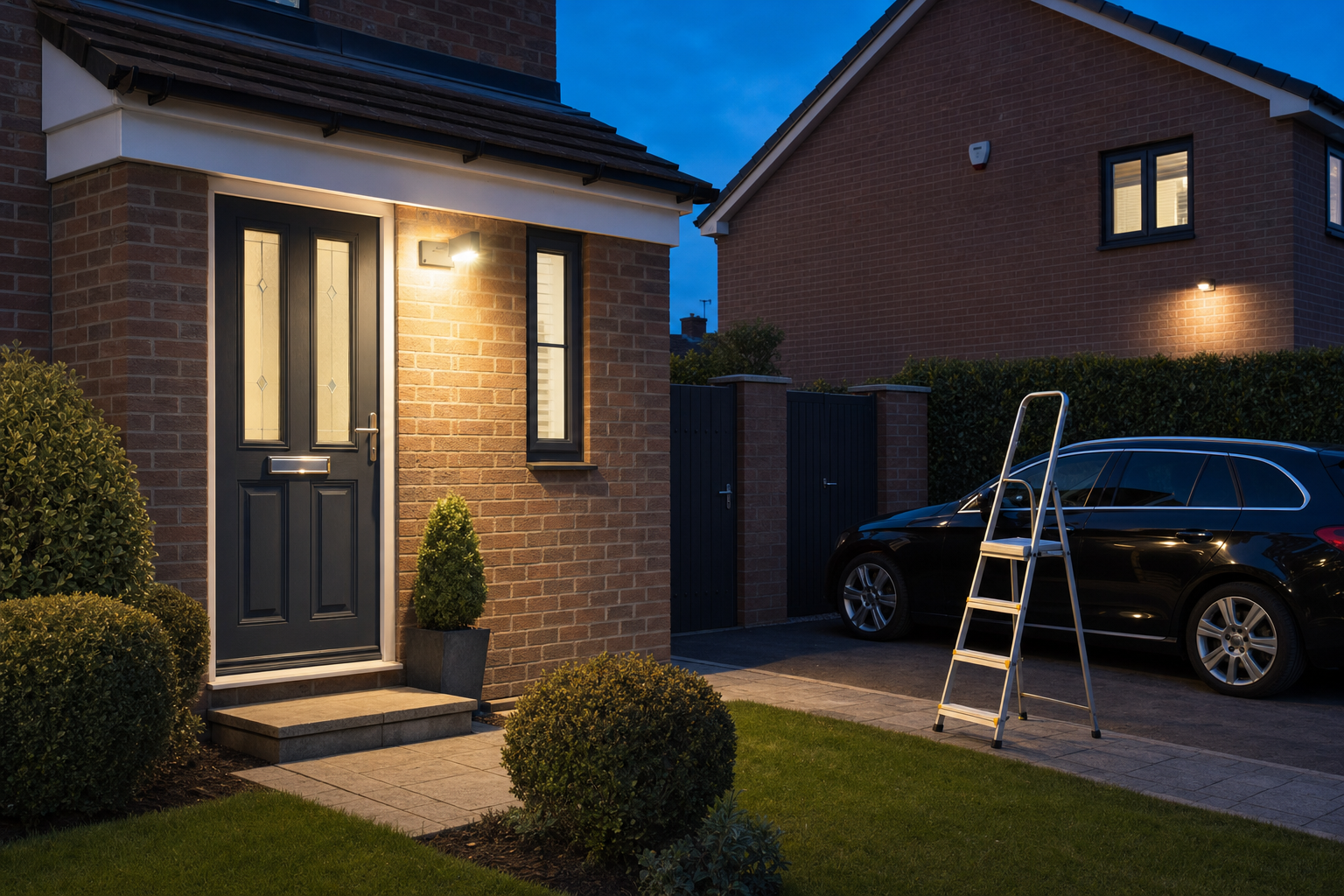 A ladder and black car parked outside a brick house with a lit porch at dusk.