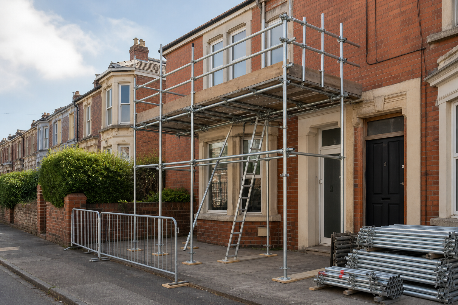 Scaffolding set up outside a brick townhouse with metal poles stacked nearby.