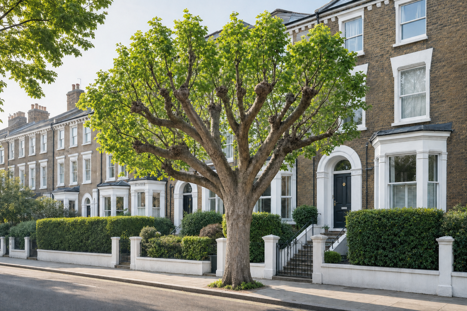 A large leafy tree stands in front of a row of traditional terraced houses with white trim and black doors.