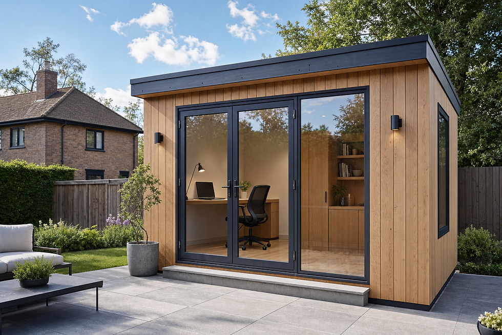 Modern garden office with glass doors, wooden exterior, and laptop on a desk inside, surrounded by a tidy garden.