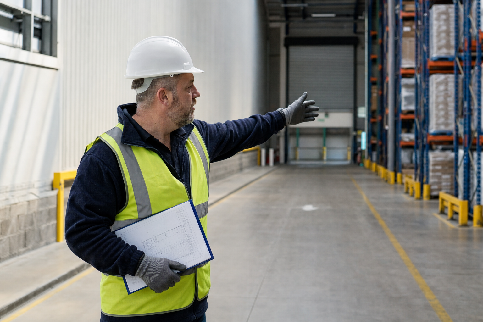 Warehouse worker in high-vis jacket and hard hat pointing across the storage area while holding blueprints.