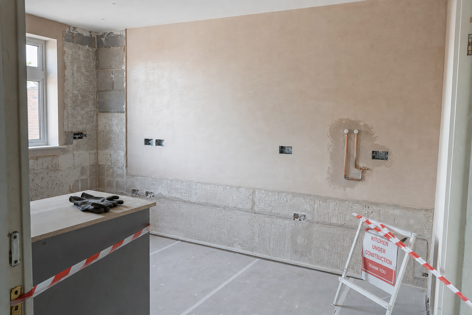 A kitchen under construction with exposed pipes and sockets, and a sign reading "Kitchen Under Construction" in the foreground.