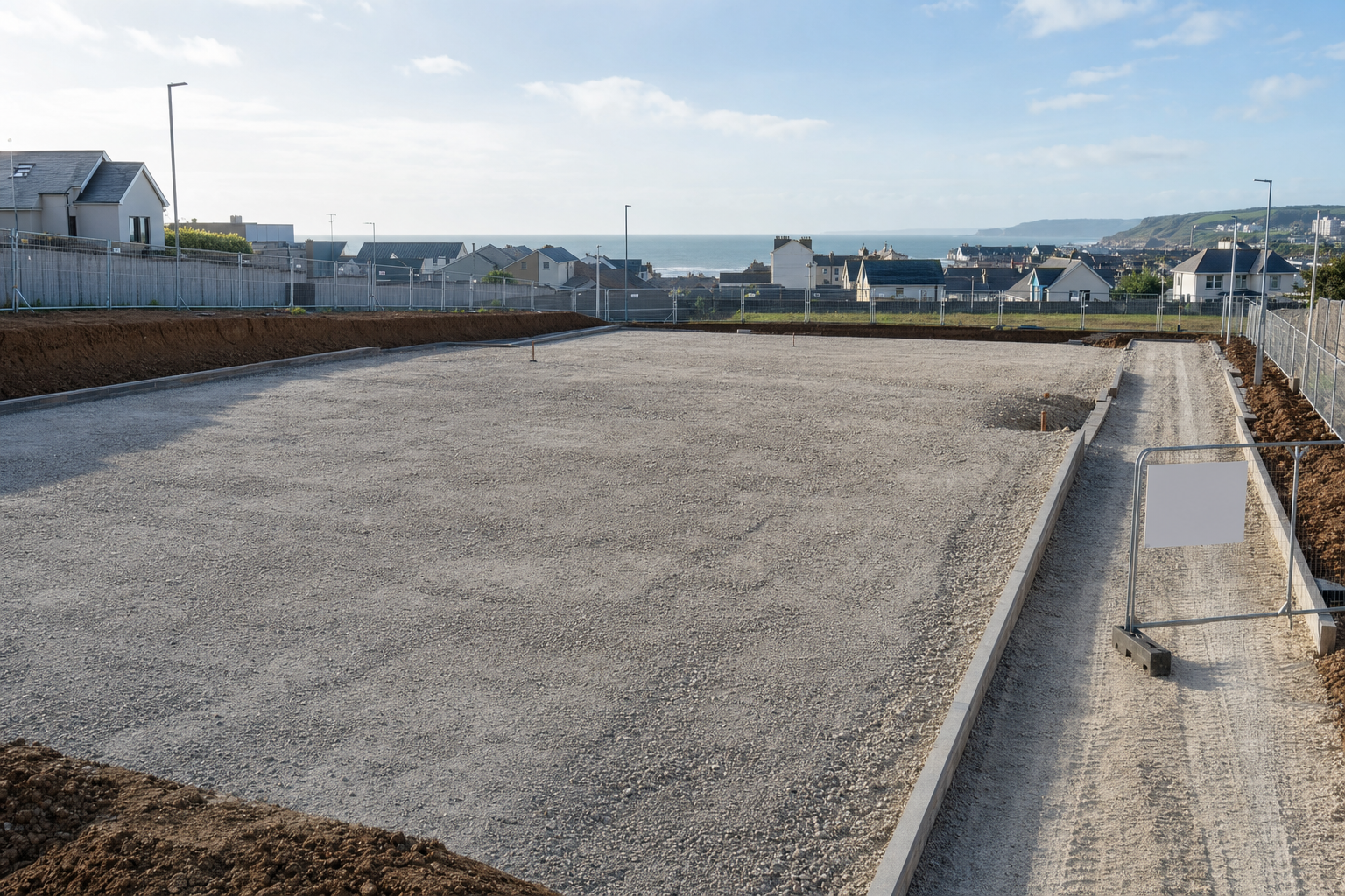 Construction site with cleared ground and fencing, overlooking a coastal town and sea in the background.