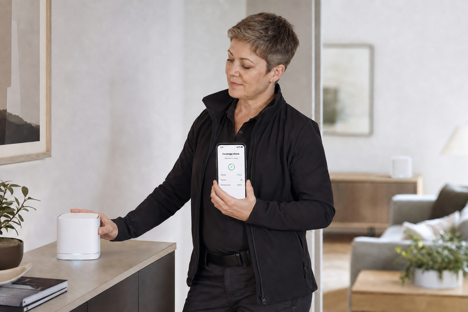 A person in a black jacket holds a smartphone showing a coverage check beside a Wi-Fi router on a cabinet.